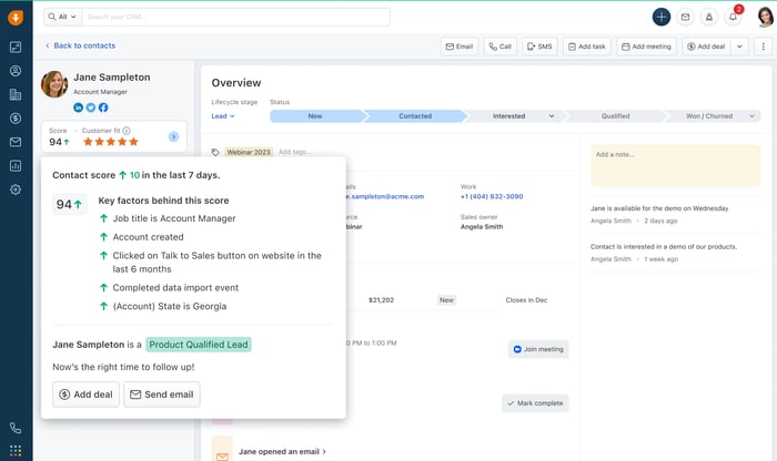 Screenshot of the Freshsales web app with contact insights