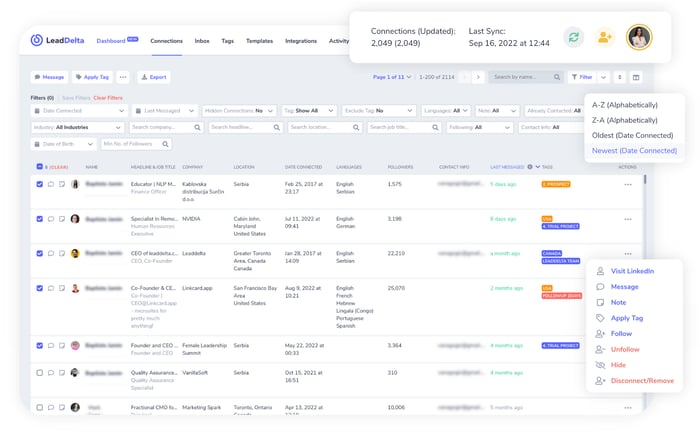 Screenshot of the LeadDelta web app with contact view