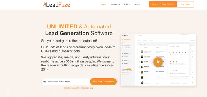 Screenshot of the LeadFuze website homepage