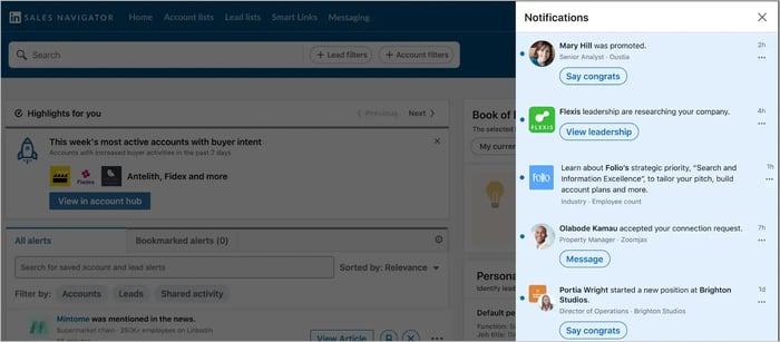 Screenshot of new Sales Navigator notifications