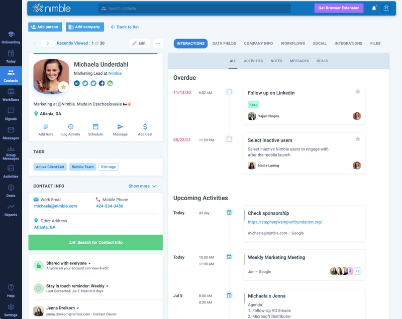 Screenshot of contact engagement summary in Nimble's web app