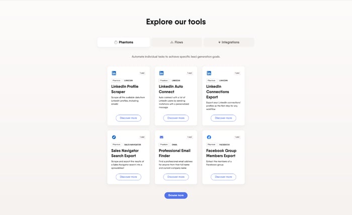 Screenshot of PhantomBuster's LinkedIn automation tools