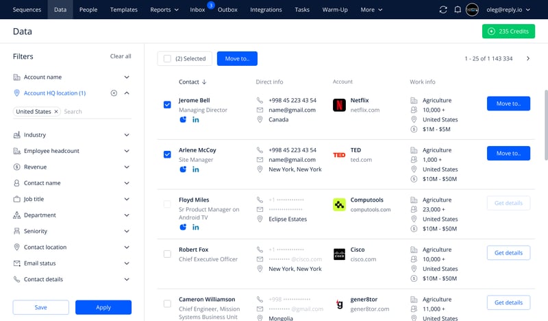 Screenshot of the Reply.io contact search function in web app