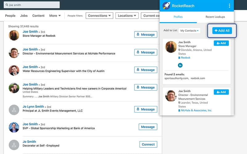 Screenshot of the RocketReach LinkedIn Chrome Extension working over a search