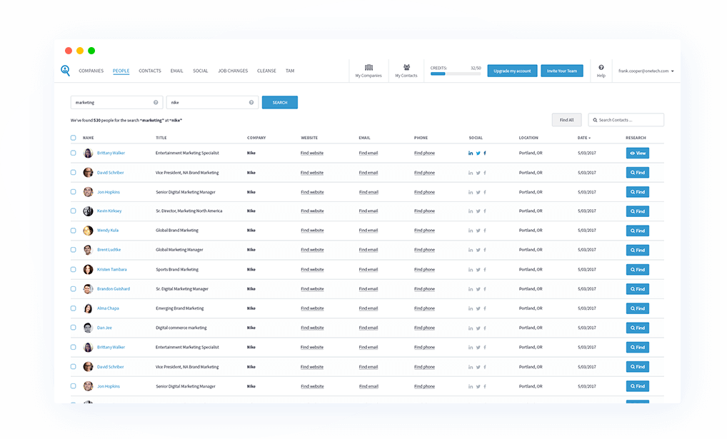 Screenshot of the Seamless.AI dashboard with contacts