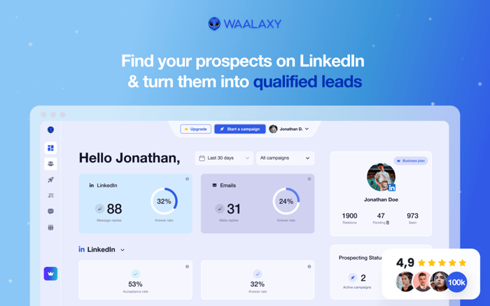 Screenshot of the Waalaxy prospecting tool