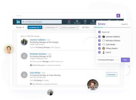 Graphic showing how to find data on LinkedIn with Snov.io