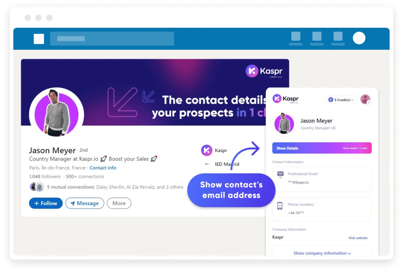 Graphic of how to use Kaspr to show a contact's email address