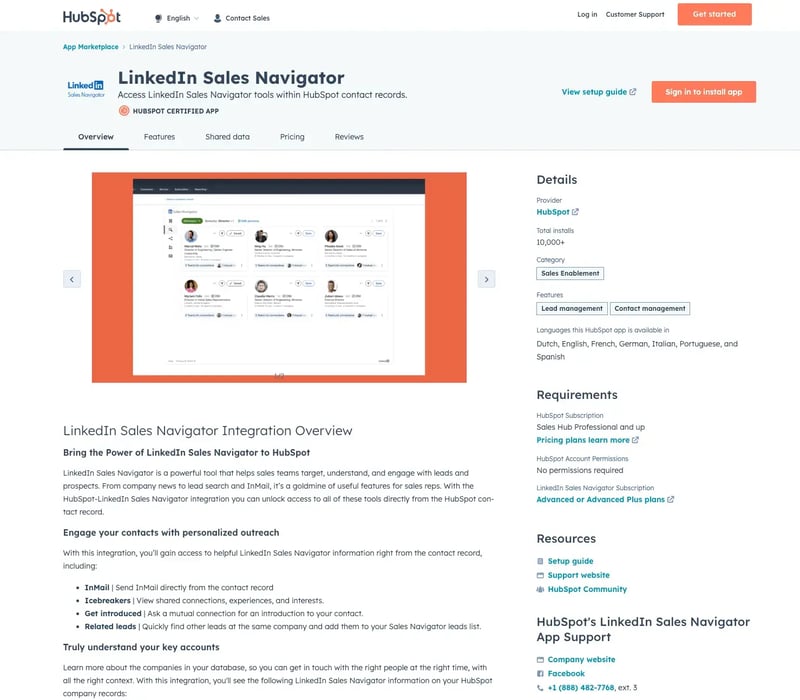 Screenshot of HubSpot app marketplace showing LinkedIn Sales Navigator sync