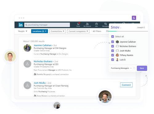 Graphic showing how to find data on LinkedIn with Snov.io