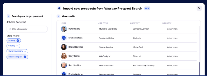 Screenshot of the Waalaxy Prospect Search.