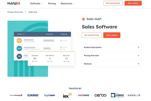 Screenshot of HubSpot Sales Hub website.