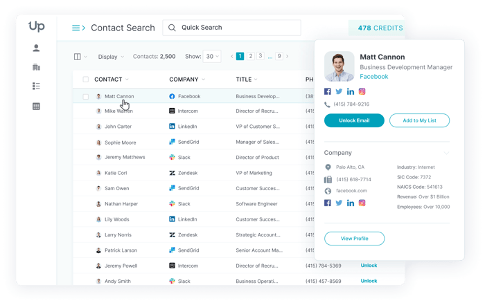 Screenshot of UpLead dashboard with contact search feature