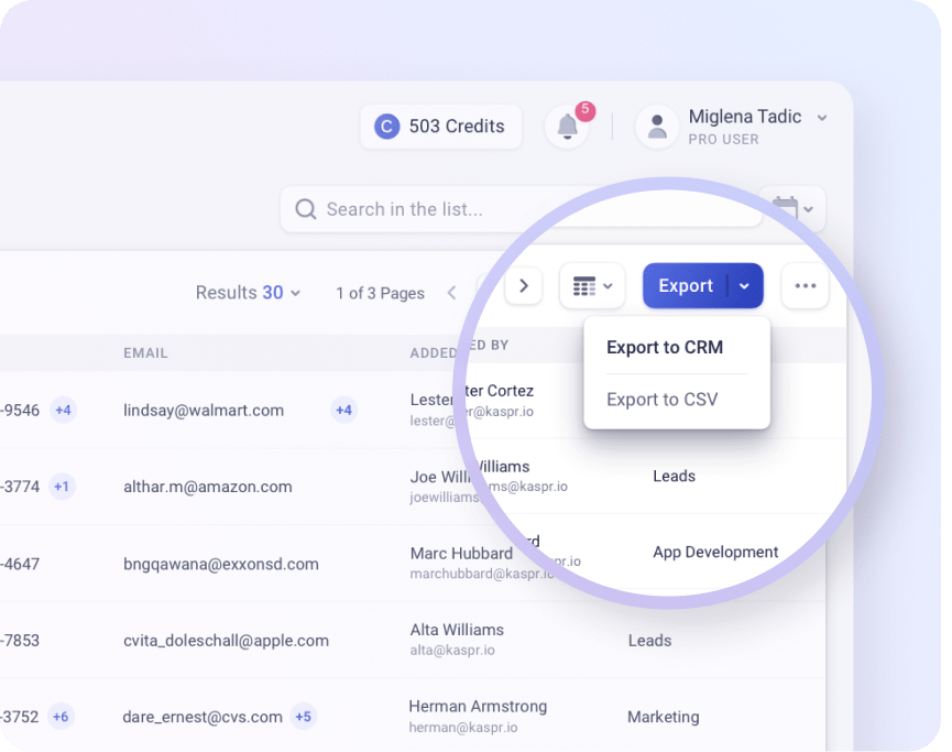 Dashboard Kaspr Export CRM